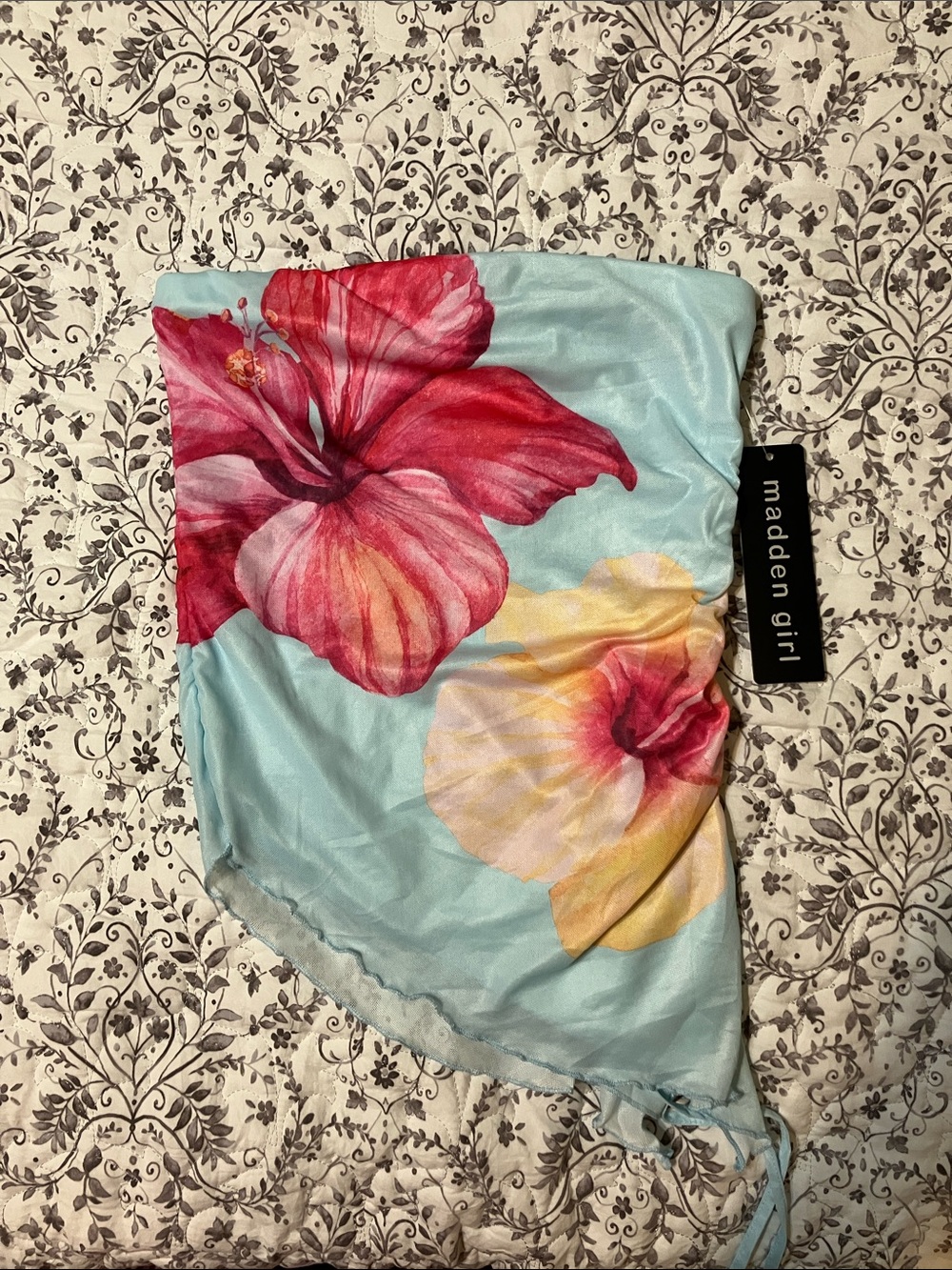 Madden Girl Aqua Floral Satin Headscarf with Pink & Yellow Blooms